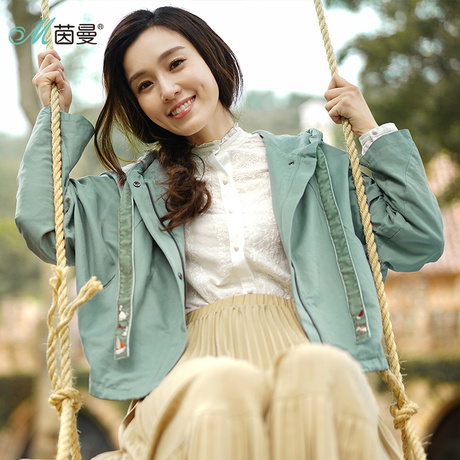 茵曼旗舰店2018秋装新款文艺范绣花蝙蝠袖连帽外套女装短外套上衣商品大图
