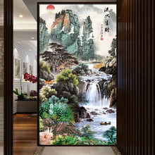 2019十字绣线绣竖版玄关大幅风景客厅图十字绣流水生财新款山水画