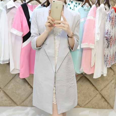 秋装新品新款女装女士显瘦韩版修身小西服外套开衫潮中长款小西装商品大图