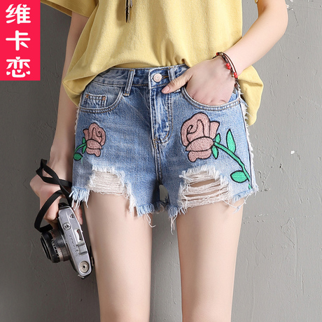 维卡恋夏 新款牛仔短裤绣花女装热裤直筒复古破洞牛仔裤女裤子商品大图