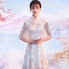 2018新款 显瘦复古少女旗袍短款 改良旗袍修身 荷叶花连衣裙日常秋冬