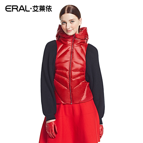 ERAL/艾莱依冬季时尚修身立领针织蝙蝠袖拼接短款羽绒服2006D-QC商品大图