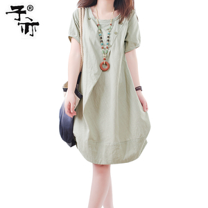 子亦2019夏季新品韩版大码女装宽松休闲褶皱圆领短袖连衣裙女纯色