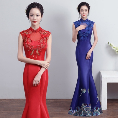 2018新款新娘结婚敬酒晚礼服裙红色演出年后鱼尾中式刺绣旗袍显瘦