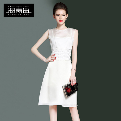 海青蓝2017夏季新款女装欧美时尚无袖圆领简约修身真丝连衣裙1848商品大图