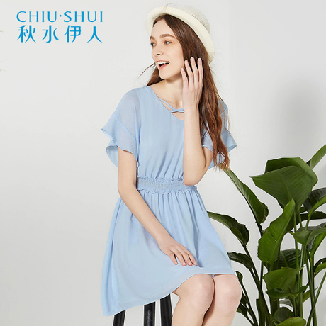 清秋水伊人夏装新品ins女装简约纯色修身显瘦系带连A字裙衣裙裙子商品大图