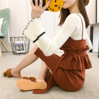 2018秋冬季新款女装针织套装连衣裙韩版中长款背带毛衣裙子两件套