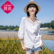 裂帛2018春装新款蕾丝拼接衬衫中袖小圆领衬衣女51151564图片