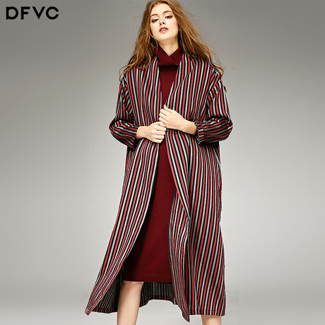 dfvc2018秋冬新款女装欧美条纹宽松大衣外套廓形中长款女士风衣商品大图