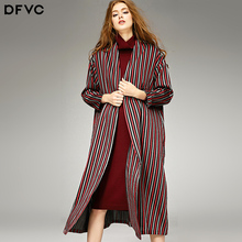 dfvc2018秋冬新款女装欧美条纹宽松大衣外套廓形中长款女士风衣图片
