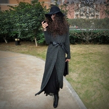 AYAH女装春秋新款欧美大牌拼皮纯色系带修身超长款毛衣开衫外套