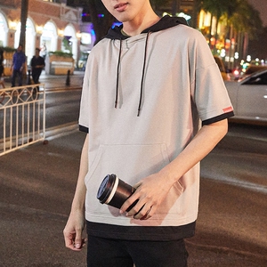 连帽短袖学生宽松bf半袖衫五分袖