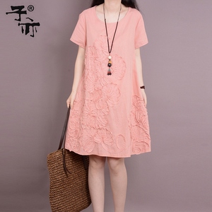 子亦2019夏装韩版新款大码短袖女装中长款绣花棉麻连衣裙女