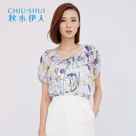 【商场同款】秋水伊人2017夏装新品女装印花圆领短袖雪纺衫两件套商品大图