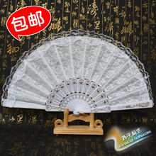 易开合包邮七朵咏春扇子女折扇双层蕾丝绸中国风舞蹈跳舞白色玫瑰