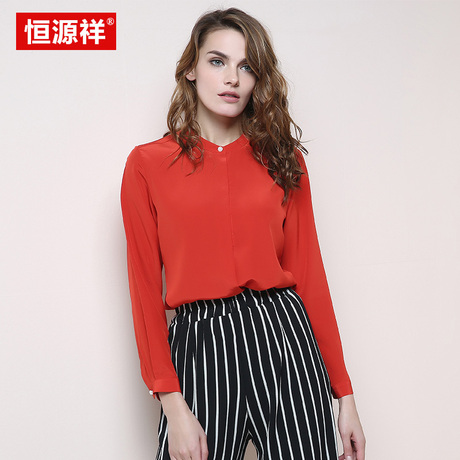 恒源祥217春夏新款不规则下摆立领真丝衬衫女九分袖春夏百搭上衣商品大图