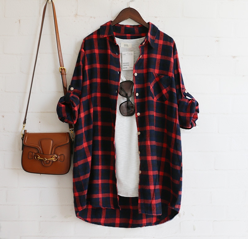 2018春季女装韩版宽松磨毛纯棉格子衬衫裙中