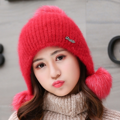 帽子女秋冬天加绒加厚保暖护耳帽可爱球球学生套头帽兔毛毛线帽女