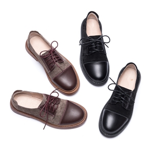 柒步森文艺复古圆头真皮加绒单鞋