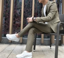 2017春款一粒扣休闲时尚英伦小西服套装男纯色修身小西装两件套