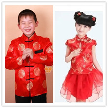 喜庆礼服男孩红色演出服批发 中式盘扣提花缎男童中式唐装 儿童唐装