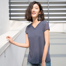 裂帛所在2018夏季新款小V领纯色网眼拼接短袖针织T恤女 53160639图片