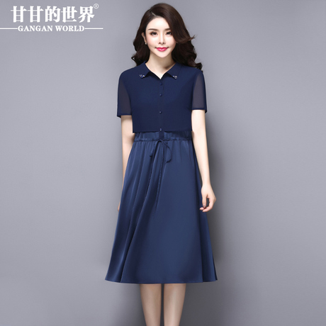 D女夏装新款甘甘的世界中长款大码女装polo领手工镶钻连衣裙商品大图