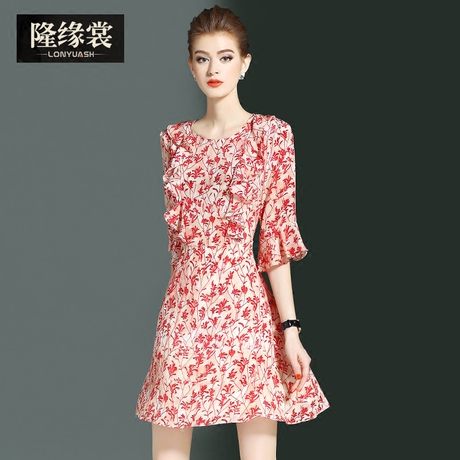 隆缘裳2017夏季新品桑蚕丝时尚修身荷叶袖真丝印花连衣裙女装3998商品大图