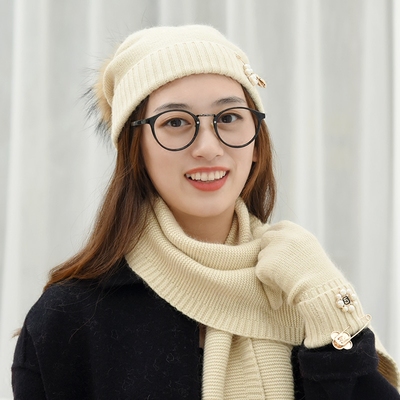 帽子围巾手套三件套女冬季加厚保暖可爱韩版纯色手套女冬挂脖套装