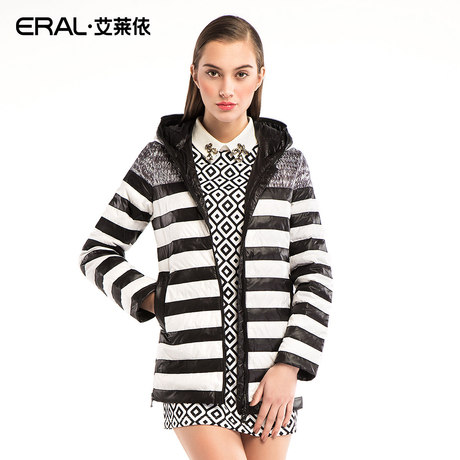 ERAL/艾莱依冬装修身时尚宽松连帽条纹长款羽绒服女AFA6023商品大图