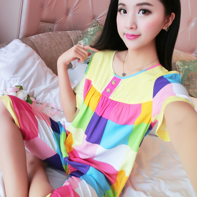 韩版夏季薄款纯棉绸女士短袖睡衣清凉人造棉家居服套装绵绸加大码