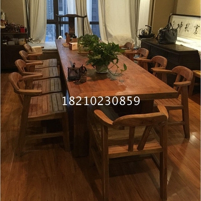 老榆木会议桌实木餐桌子吃饭复古做旧长方形原木洽谈桌家用办公桌