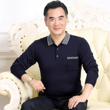 春夏季薄款翻领t桖全棉中年男士长袖t恤衫 中老年男装爸爸装体恤