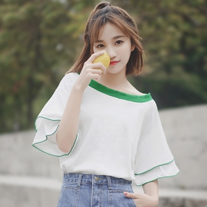 chic拼色荷叶边喇叭短袖T恤