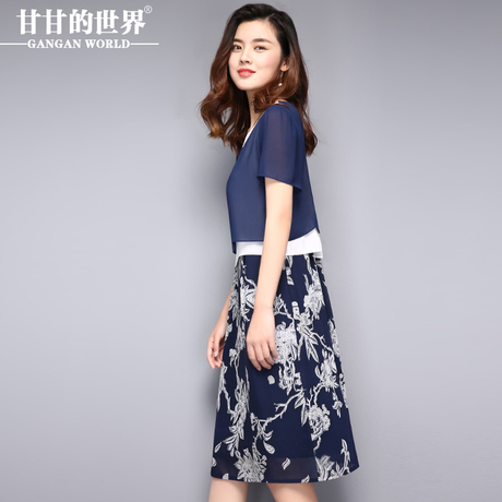 大码连衣裙夏中长款假两件印花甘甘的世界中年妈妈夏装2018新款女商品大图