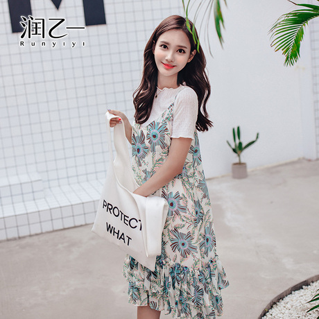 润乙一吊带裙夏学生荷叶摆韩版百褶裙碎花雪纺连衣裙女夏2018新款商品大图