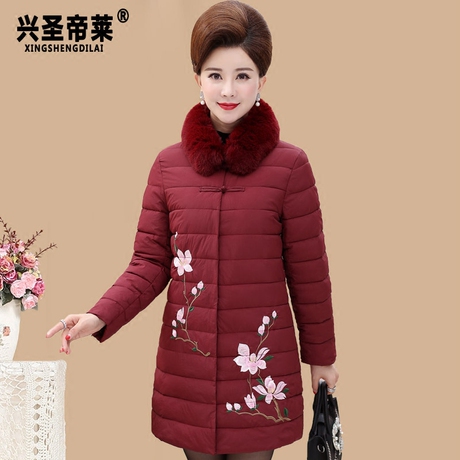 妈妈棉袄女冬装2017新款中长款中年人羽绒棉服中老年毛领绣花棉衣商品大图