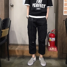 1CHEN /夏季新品 韩版纯色口袋薄款纯色简约宽松休闲八分工装裤男
