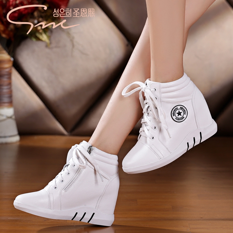 Sheng Enxi Autumn and Winter Genuine Leather High Top Sports Shoes with Elevated Inner Short Boots for Women's Versatile Casual Shoes Fashion Plush Women's Shoes