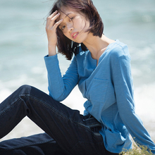 裂帛所在圆领纯色宽松上衣口袋针织长袖T恤女53160332图片