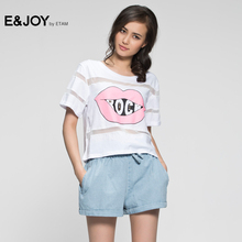 Etam/艾格E&joy2017夏季新品条纹嘴唇印花落肩镂空短袖T恤D69图片
