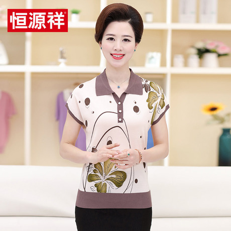 恒源祥夏季新款女士短袖T恤印花薄款针织衫中老年妈妈装宽松上衣商品大图