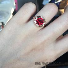 925纯银镀金镶嵌鸽血红色天然石榴石桃心圆形活口女士食指戒指韩