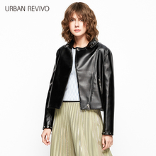 UR2017春季新品女装仿真皮柳钉拉链翻领机车短外套YV03S1BN2005图片