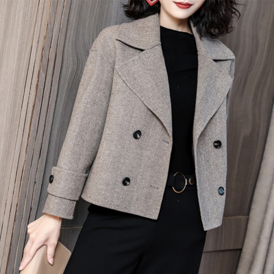 惠爵反季格纹人字纹毛呢大衣女羊毛收腰加厚短款复古赫本风冬天