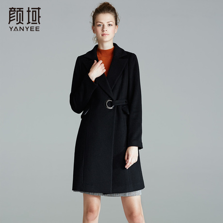 颜域品牌女装2017冬装新款时尚西装领长袖中长款修身毛呢大衣外套商品大图