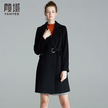 颜域品牌女装2017冬装新款时尚西装领长袖中长款修身毛呢大衣外套图片