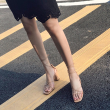 裸色罗马凉鞋 交叉绑带中跟鞋 女夏粗跟系带方头绑带高跟鞋 2019新款