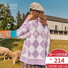 阔色2018冬季新款韩版女装v玲撞色套头外套chic长袖上衣毛衣图片