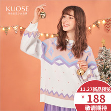 阔色2018冬季新款韩版女装学生宽松小清新圆领灯笼袖上衣毛衣图片